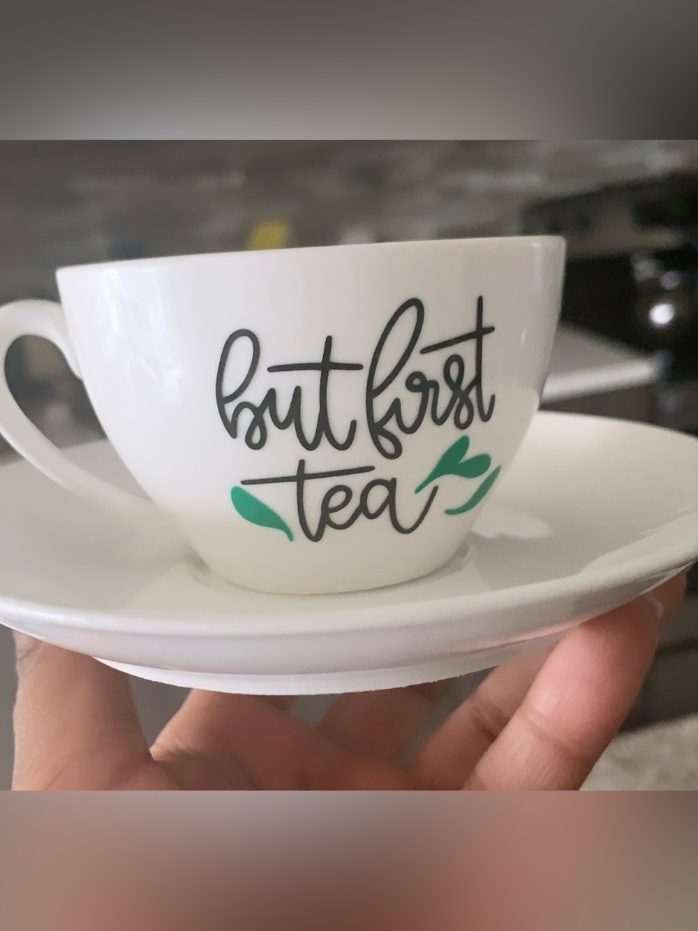 But First Tea White Ceramic Tea Cup and Saucer